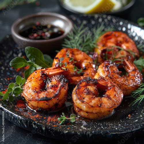 A realistic photo of perfectly seared shrimp with sweet paprika powder, served on a black plate with lemon and herbs.