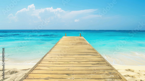 Wooden pier on a sandy beach going to a beautiful blue sea © Aleksandr Bryliaev
