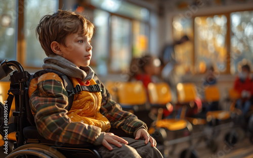 Young boy sitting in wheelchair. Generative AI