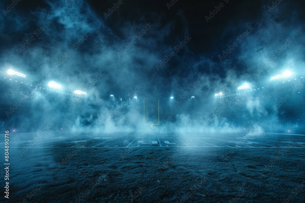 An American football stadium with a dark background, featuring smoke and lighting effects.