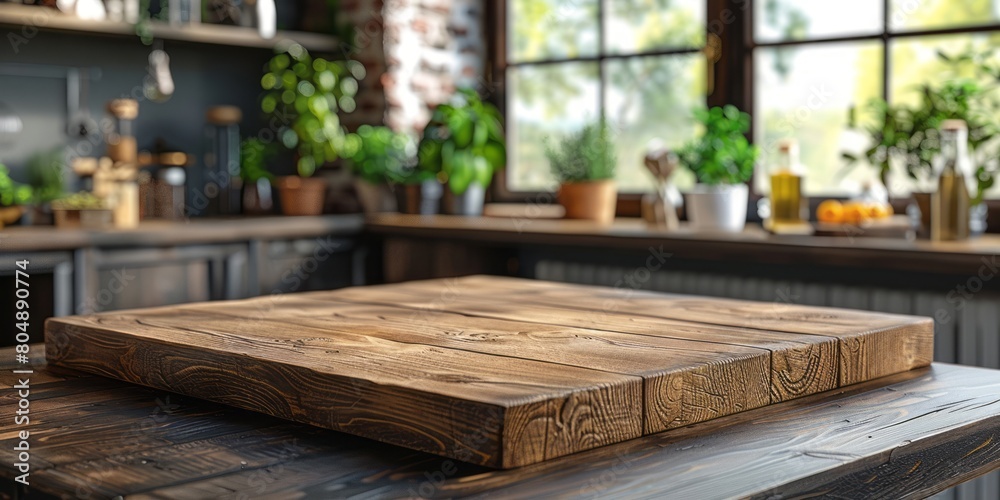 An empty wooden kitchen counter, with a blurred background of modern interior design, suitable for product display montage mockup and food advertising An empty wooden kitchen counter, with a blurred background of modern interior design, suitable for product display montage mockup and food advertising