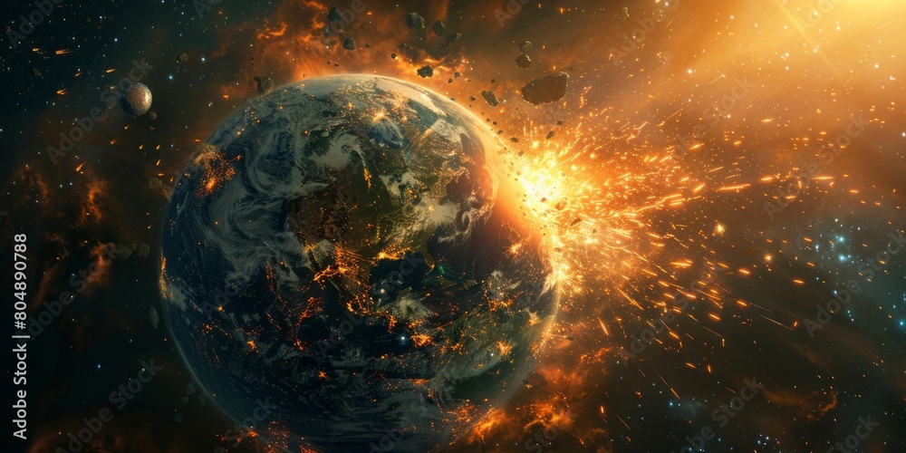 A massive asteroid crashing into Earth, viewed from space showing the Earth and an asteroid in orbit, with dramatic lighting and sparks flying around.