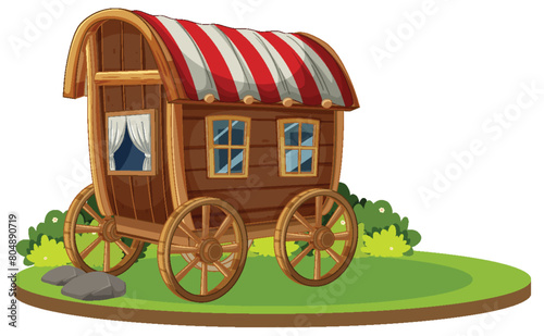 Colorful cartoon of an old-fashioned caravan