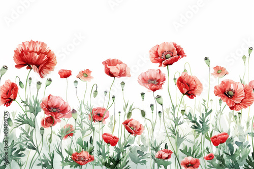 Watercolor red poppy flowers on a white background  presented as a vector illustration in a flat design  with white space in the center of the composition  providing a wide angle  large view.