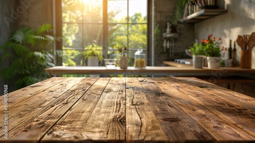 An empty wooden table in a modern kitchen interior  with a blurred background of a sunny day seen through a panoramic window.