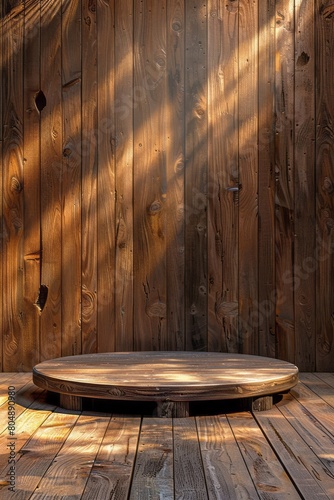A wooden backdrop with a round wooden podium and wood planks on the floor, suitable for product display presentation in a store or web design, with copy space. photo