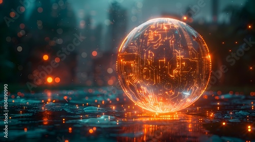Illuminated Circuit-Embellished Glass Sphere Radiating Over Futuristic Digital Landscape