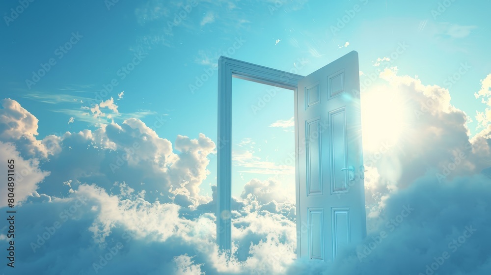 A whimsical open door floating in the clouds, surrounded by blue sky and sunlight, portraying dreams and successful aspirations A whimsical open door floating in the clouds, surrounded by blue sky and sunlight, portraying dreams and successful aspirations