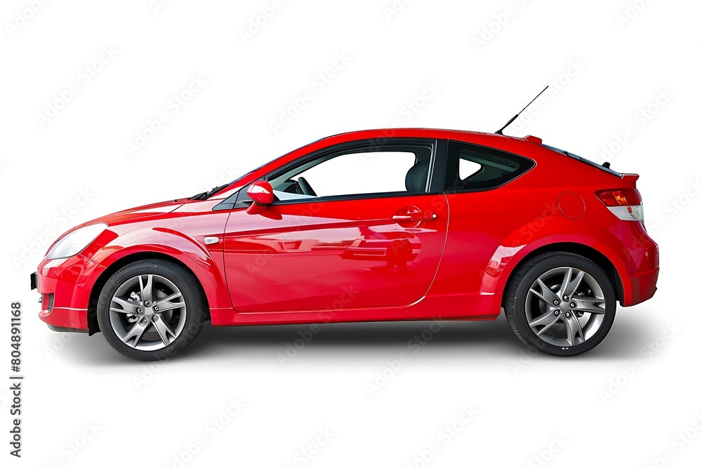 side view of Red hatchback car is isolated on white background. Generative Ai