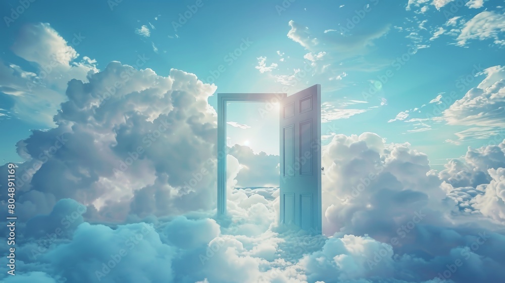 A whimsical open door floating in the clouds, surrounded by blue sky and sunlight, portraying dreams and successful aspirations A whimsical open door floating in the clouds, surrounded by blue sky and sunlight, portraying dreams and successful aspirations