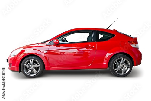 side view of Red hatchback car is isolated on white background. Generative Ai