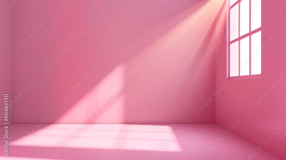 Soft pink studio background with direct lighting. Empty room with monochromatic wall and floor, spot light and shadow. for product presentation, realistic template of photography space. Generative Ai
