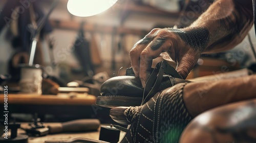 Close-up of a cobbler repairing a shoe, detailed view of hands, tools, and leather, clear focus, shop light. photo