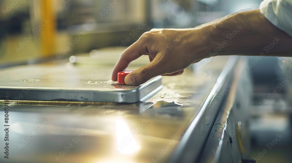 Worker testing emergency stop button on a machine, detailed view of hand pressing button, focused, factory lighting. Worker testing emergency stop button on a machine, detailed view of hand pressing button, focused, factory lighting.
