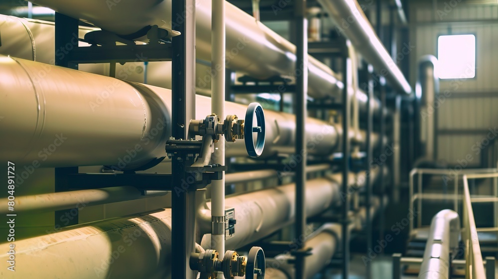 Close-up of a water recycling system in a production facility, clear view of pipes and tanks, focused, ambient light.