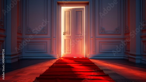 A grand open door at the end of a red carpet  prestigious and welcoming  leading to a realm of success and opportunity