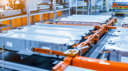 Production line of electric vehicle batteries, close view of assembly process, detailed, clean workshop light