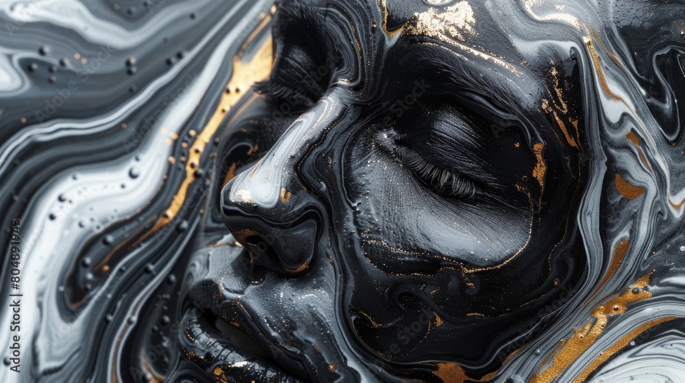 Woman with black and gold paint on her face in marble liquid