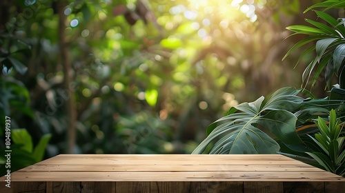 Table top wood counter floor podium in nature outdoors tropical forest garden blurred green jungle plant background.natural product present placement pedestal stand display. Generative Ai