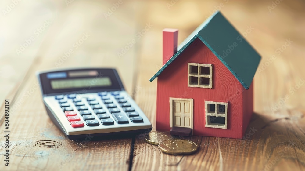 Artistic representation of home buying costs with a house model and calculator on a vintage wooden desk Artistic representation of home buying costs with a house model and calculator on a vintage wooden desk