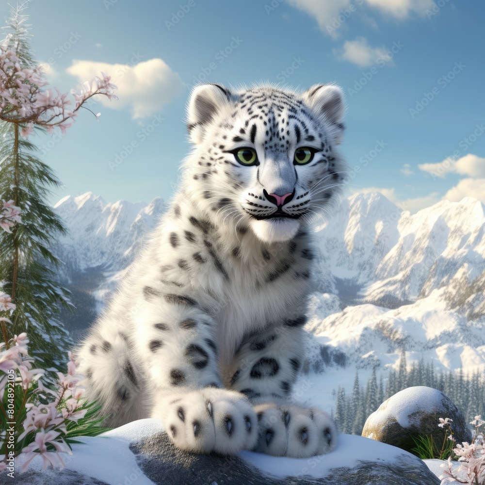 Fototapeta premium Snow Leopard Relaxing on Snowy Hilltop