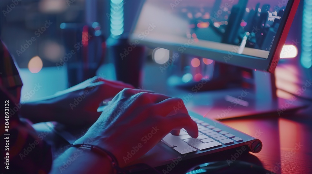 Modern office, young professional typing, vibrant screen glow, personal close-up Modern office, young professional typing, vibrant screen glow, personal close-up
