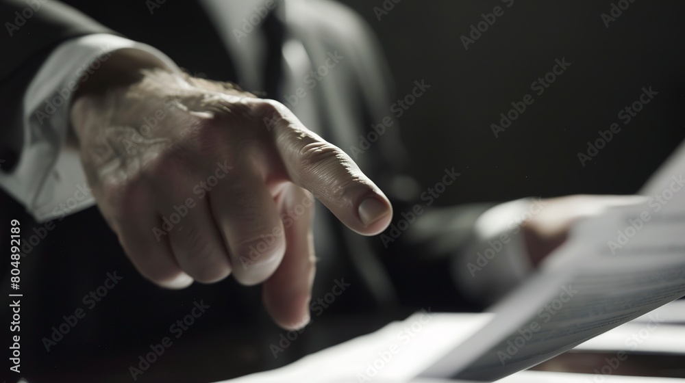 Financial advisor explaining document, pointing finger, clear focus, warm close-up 