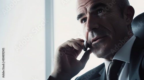 Corporate executive on a call, serious expression, crisp white light, close-up