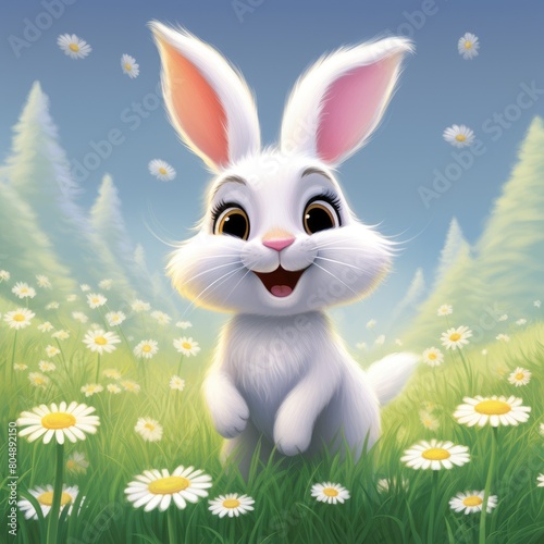 White Rabbit Sitting in Field of Daisies