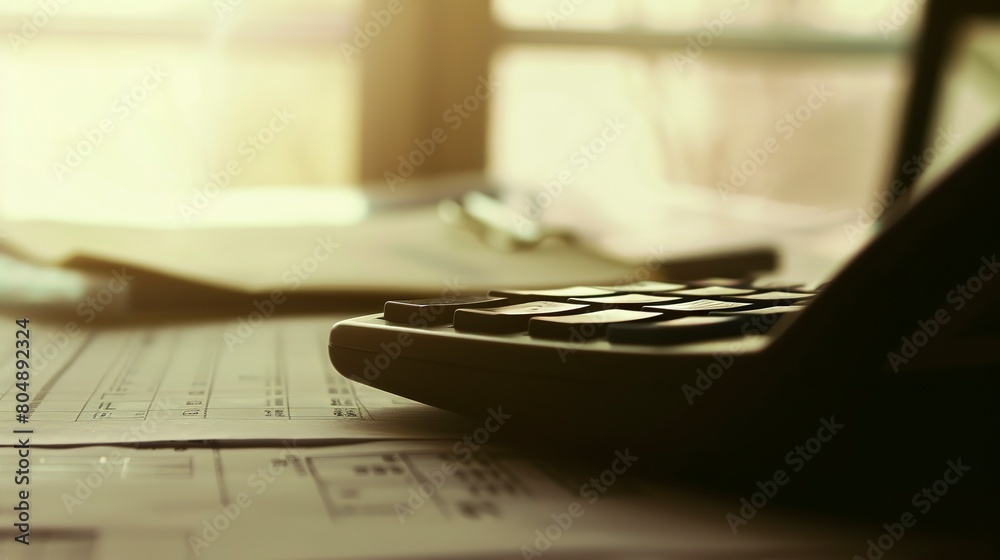 Close-up of a calculator and financial documents, intense focus, harsh office light Close-up of a calculator and financial documents, intense focus, harsh office light