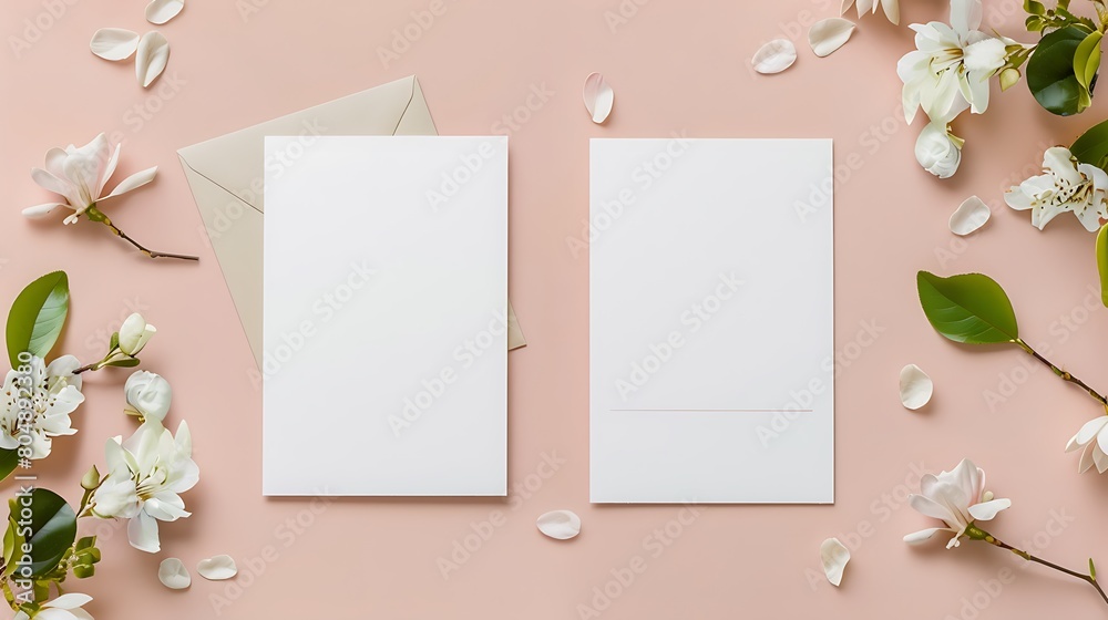 Two wedding invitation cards mockup, front and back sides, blank card mock up with stylish decor. Generative Ai Two wedding invitation cards mockup, front and back sides, blank card mock up with stylish decor. Generative Ai