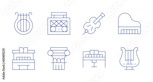 Classic icons. Editable stroke. Containing radio, piano, corinthianpillar, cello, lyre, grandpiano, harp. photo