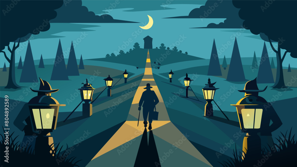 Lanterns illuminate the path to a historic battlefield allowing visitors to imagine what the famous Battle of Lexington would have been like under the. Vector illustration