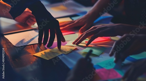 Close-up of brainstorming session, post-its in hands, lively and colorful lighting  photo