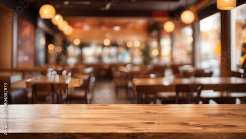 Image of empty wooden table in front of abstract blurred restaurant background