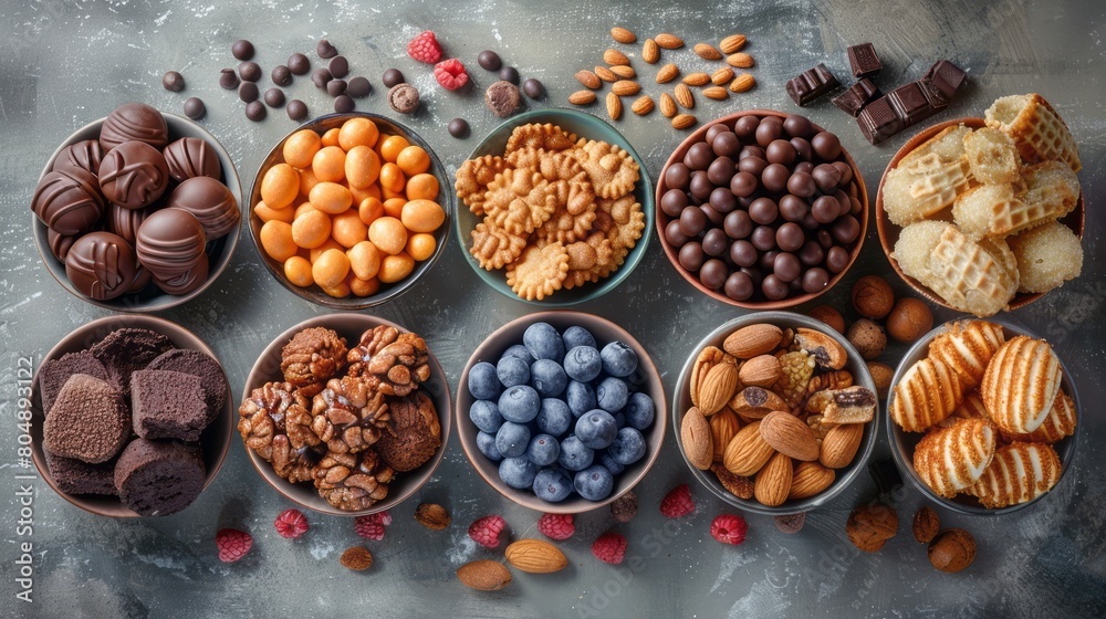 A variety of chocolate candies, nuts, and berries are arranged in bowls on a gray stone surface. A variety of chocolate candies, nuts, and berries are arranged in bowls on a gray stone surface.
