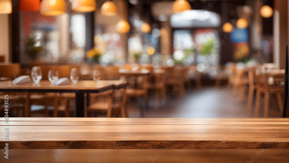 Image of empty wooden table in front of abstract blurred restaurant background