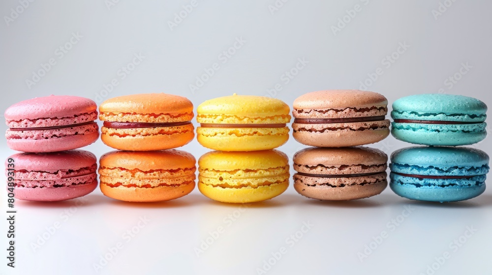 A row of colorful stacked macarons against a white background.