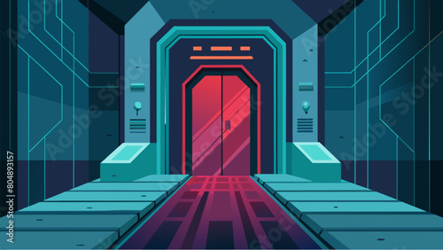 A simple unmarked door leading to a futuristic chamber with advanced technology designed to induce a psychedelic experience..