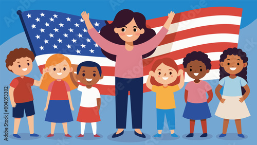 A girl proudly displaying her drawing of a diverse group of children holding hands and standing in front of the American flag symbolizing unity and. Vector illustration