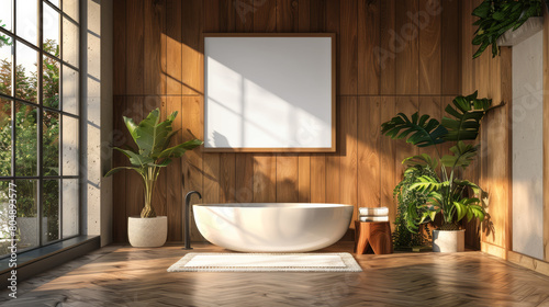 A modern bathroom interior design featuring a white bathtub, wooden walls, and live plants, highlighted by natural light, Generative AI.