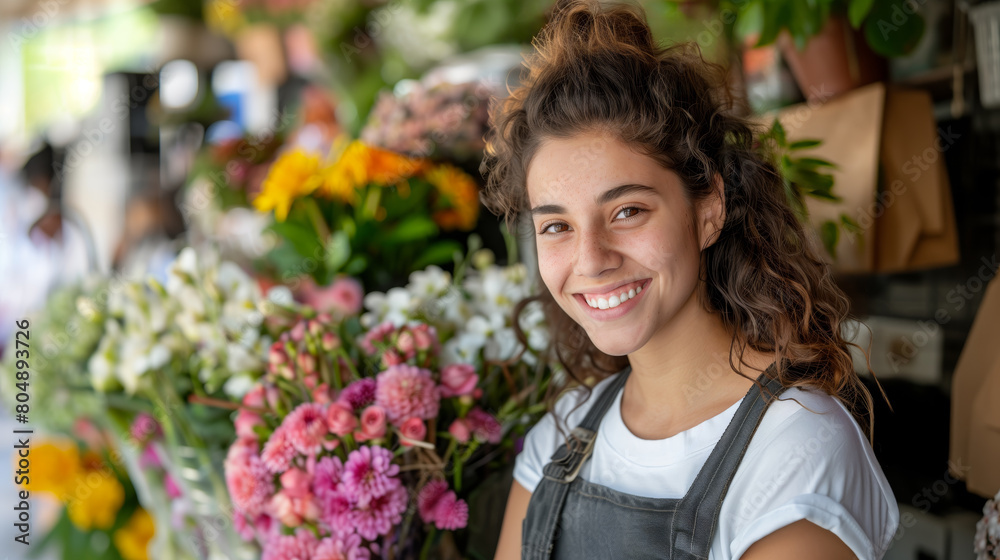 A smiling woman in a flower shop surrounded by vibrant blooms on a blurred background, concept of a florist at work. Generative AI