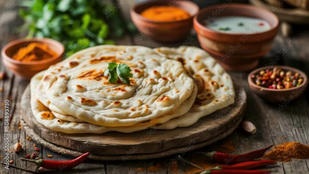 Plate of flatbread with sprig of parsley on top sits on wooden table