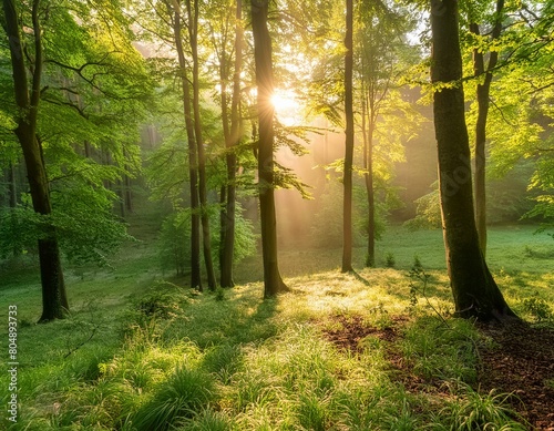 The gentle morning sun filters through the lush forest canopy, illuminating the verdant surroundings and creating a tranquil, ethereal atmosphere of natural beauty. © Beste stock
