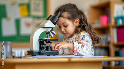 Wallpaper Mural A young girl studying with a microscope in a classroom environment, concept of early science education. Generative AI Torontodigital.ca