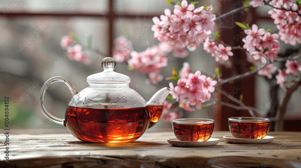 Glass tea pot with hot tea, two cups on a wooden table, blooming flowers in the background, symbolizing a health concept. Generative AI Glass tea pot with hot tea, two cups on a wooden table, blooming flowers in the background, symbolizing a health concept. Generative AI