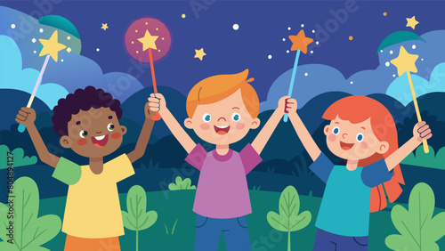 Children wave sparklers and glow sticks in the air as they enthusiastically join in on the singing creating a magical ambiance in the park.. Vector illustration