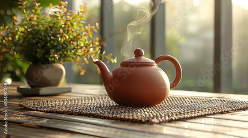 Wallpaper Mural A steaming tea pot on a bamboo mat, with a blurred plant in the background, conveying a relaxing tea ceremony concept. Generative AI Torontodigital.ca