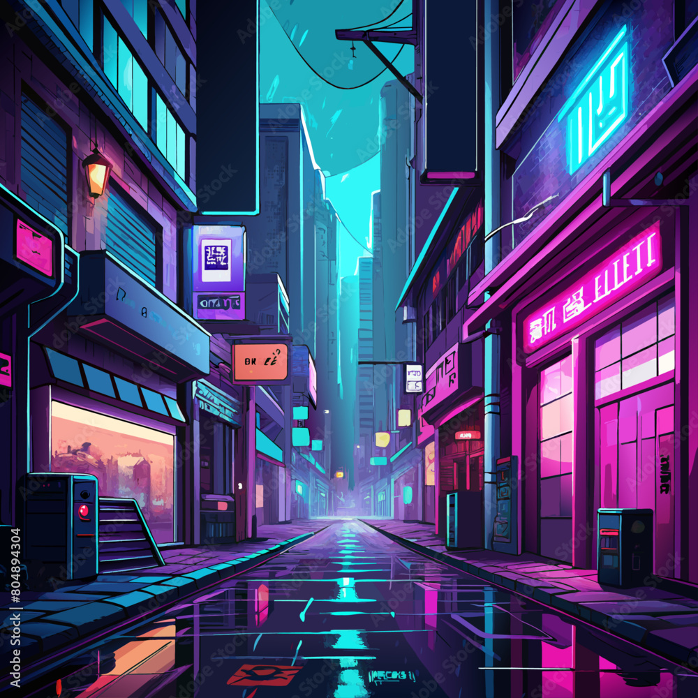 street in night, Cyberpunk alleyways with neon signs and rain reflections, night city