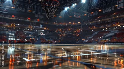 Interior view of an illuminated basketball stadium for a game 